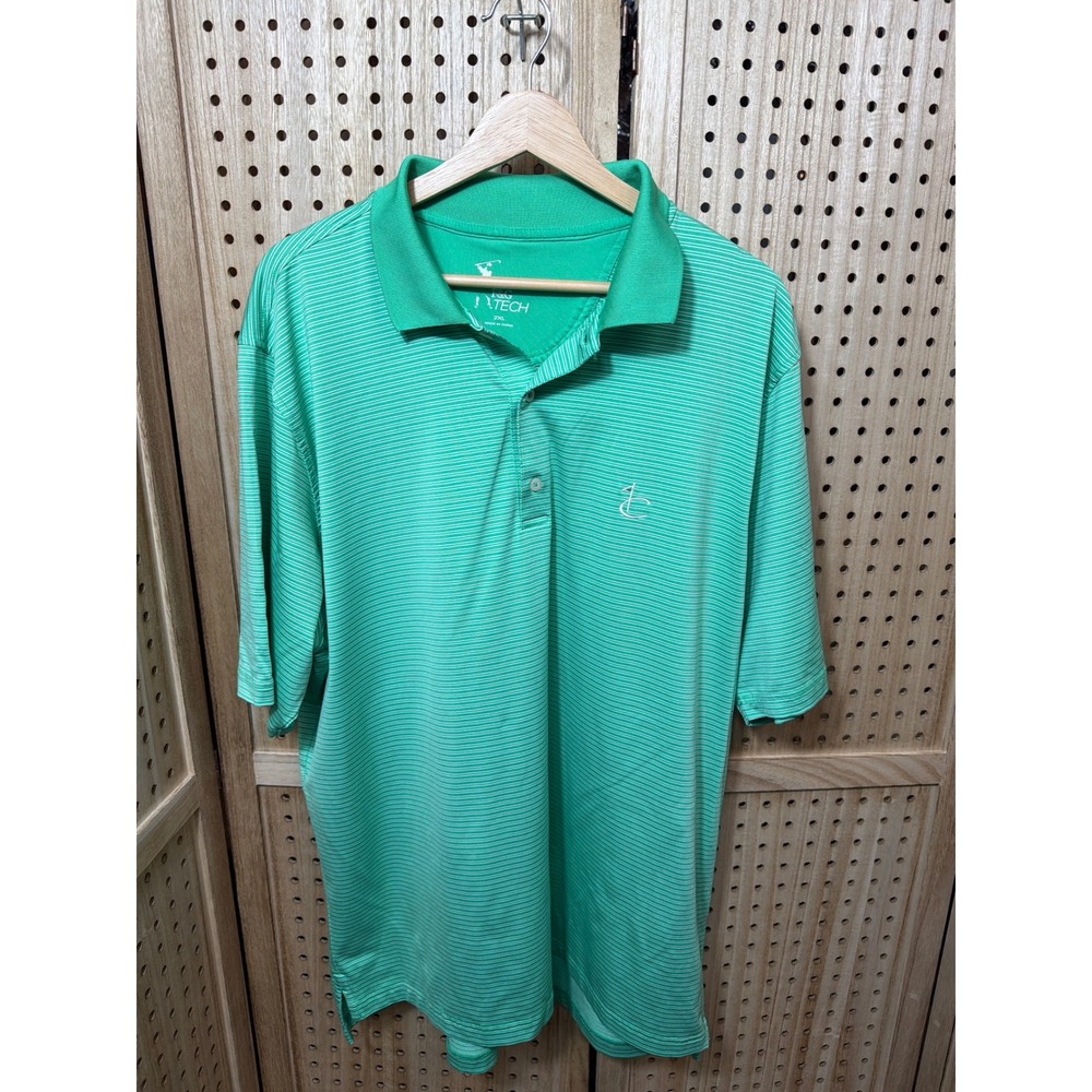 F&G Tech Mens Golf Polo Shirt 2XL Green White Striped Short Sleeve Performance